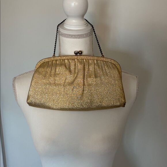 Vintage Gold Evening Clutch with Chain Strap | Kisslock Rhinestone Closure - Picture 3 of 10